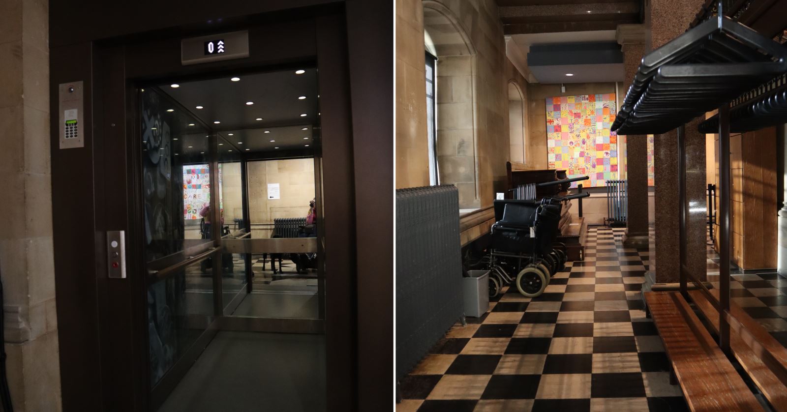 view of the lift inside The Bowes Museum and wheelchairs which are available to use